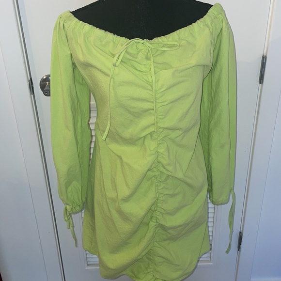 ASOS Draw String Off the Shoulder Lime Green Mini Dress Size 10 - Picture 10 of 11